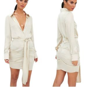 PRETTYLITTLETHING Champagne Satin Ruched Shirt Dress US 10